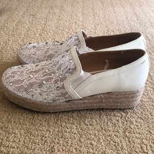 White platform style lace & sequins shoes
